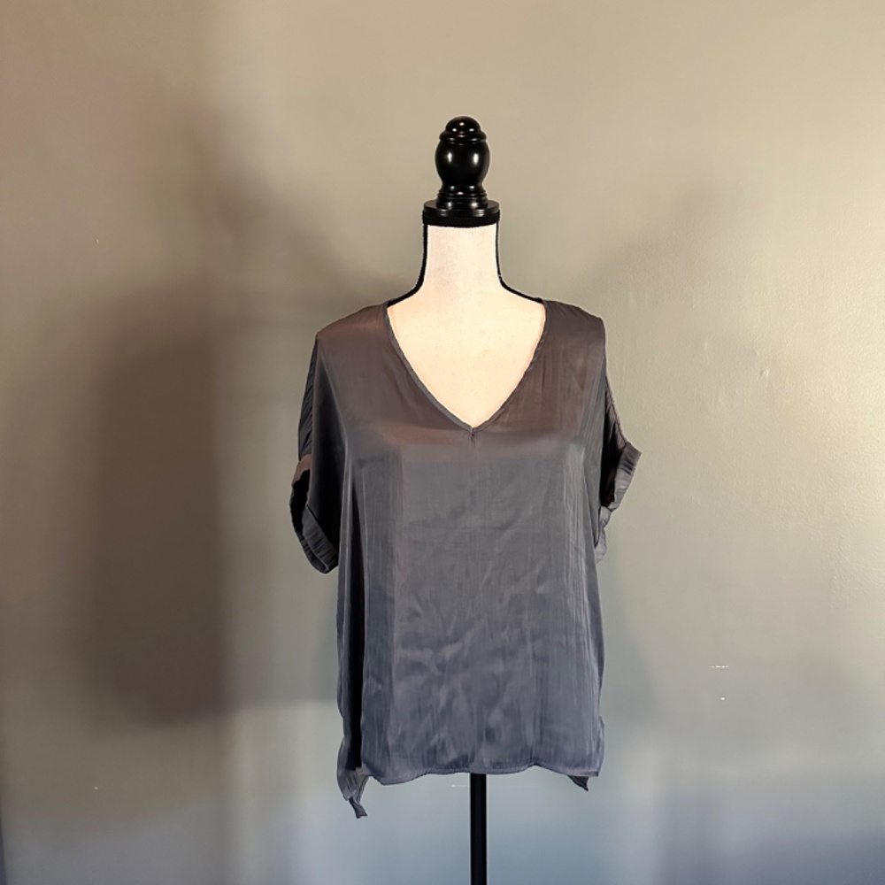 By Together Pewter Short Sleeve Satin V-neck Blouse SM